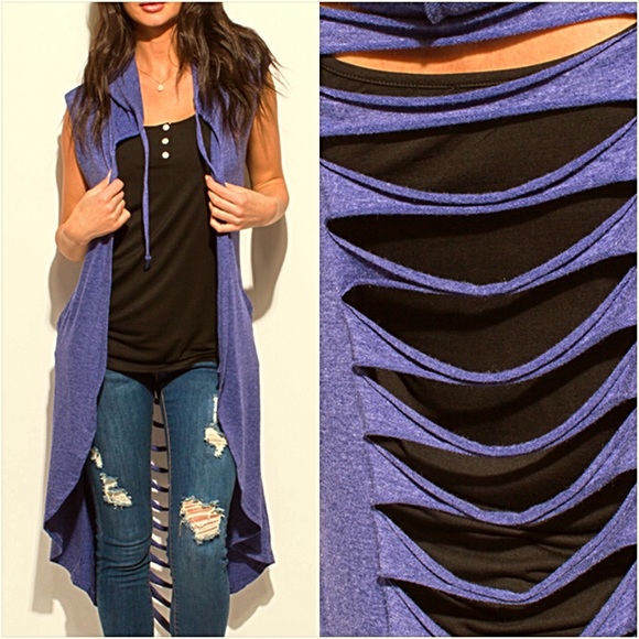 Distressed Hooded Cardi Vest Coverup O/S - Picture 2 of 5